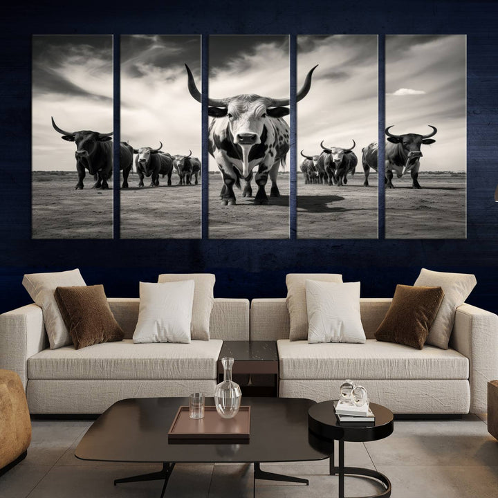 Texas Bighorn Cow Animal Wall Art Canvas Print, Longhorn Cow Large Wall Art