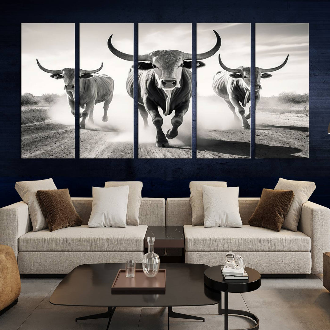 Texas Bighorn Cow Animal Wall Art Canvas Print, Longhorn Cow Large Wall Art