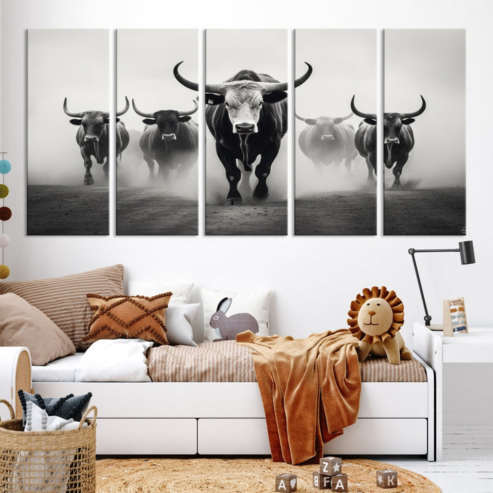 Texas Bighorn Cow Animal Wall Art Canvas Print, Longhorn Cow Large Wall Art