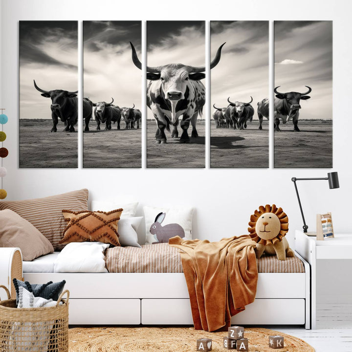 Texas Bighorn Cow Animal Wall Art Canvas Print, Longhorn Cow Large Wall Art