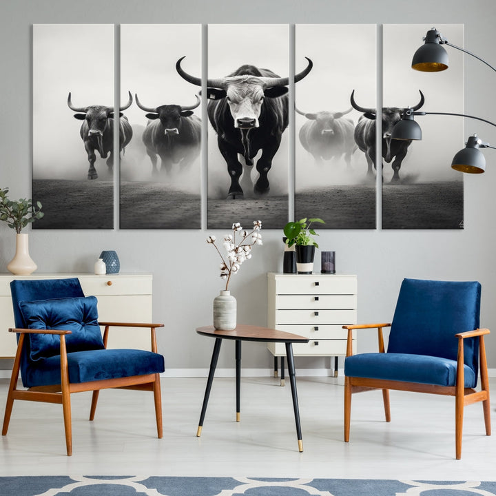 Texas Bighorn Cow Animal Wall Art Canvas Print, Longhorn Cow Large Wall Art