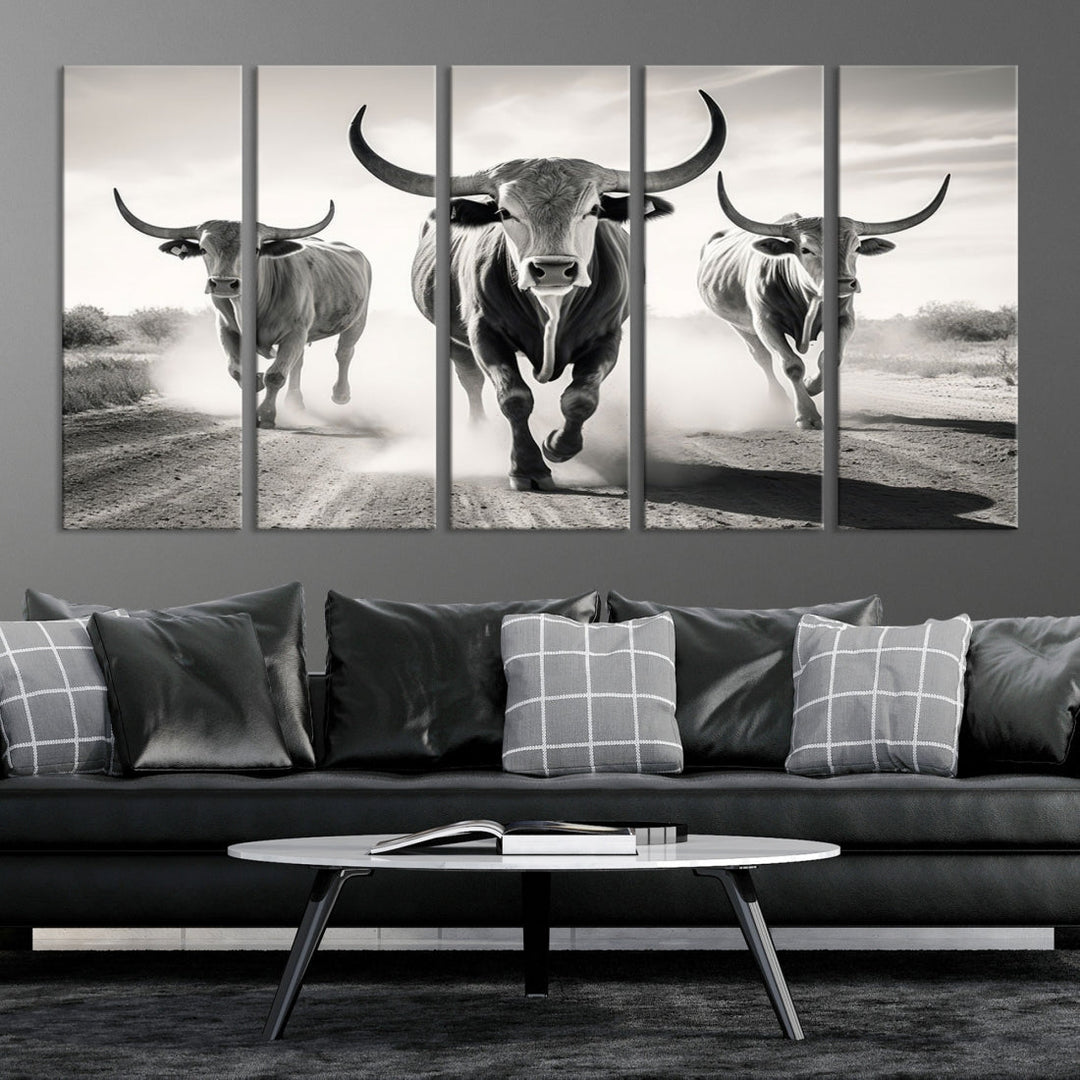 Texas Bighorn Cow Animal Wall Art Canvas Print, Longhorn Cow Large Wall Art