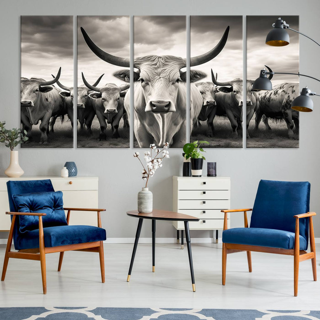 Texas Bighorn Cow Animal Wall Art Canvas Print, Longhorn Cow Large Wall Art