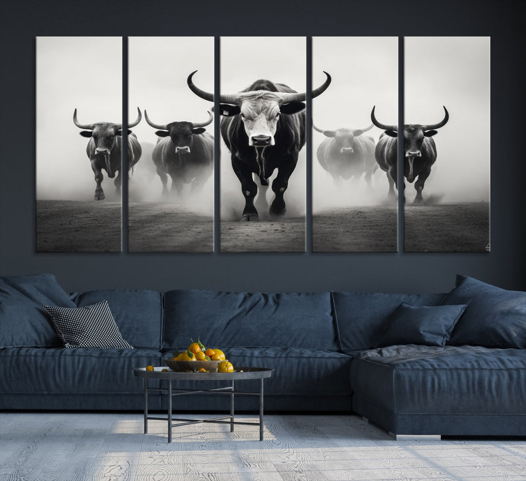 Texas Bighorn Cow Animal Wall Art Canvas Print, Longhorn Cow Large Wall Art