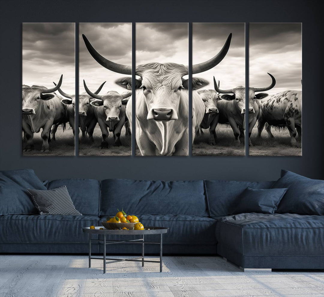 Texas Bighorn Cow Animal Wall Art Canvas Print, Longhorn Cow Large Wall Art