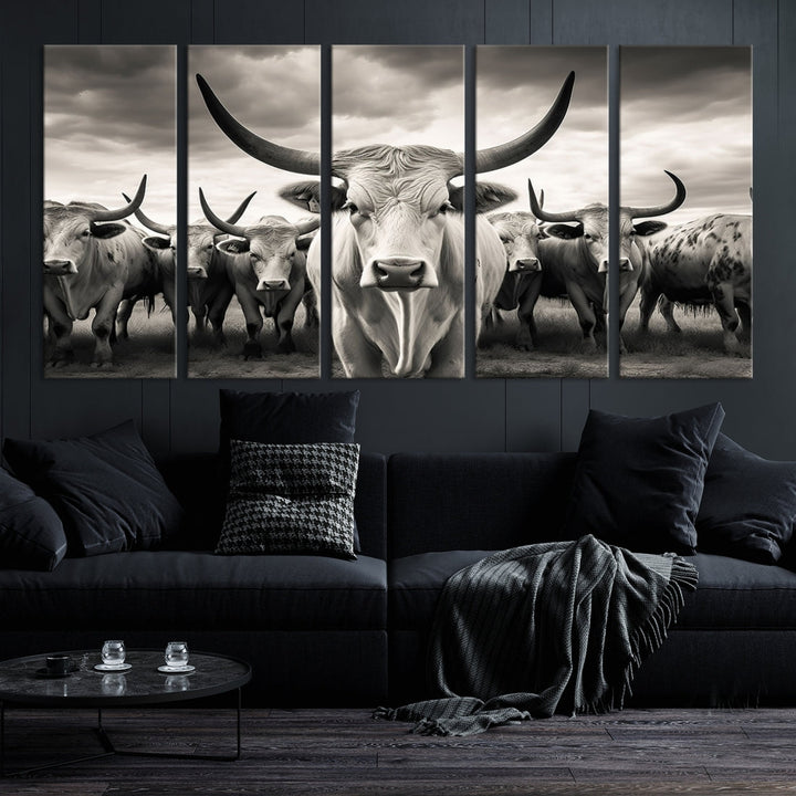 Texas Bighorn Cow Animal Wall Art Canvas Print, Longhorn Cow Large Wall Art