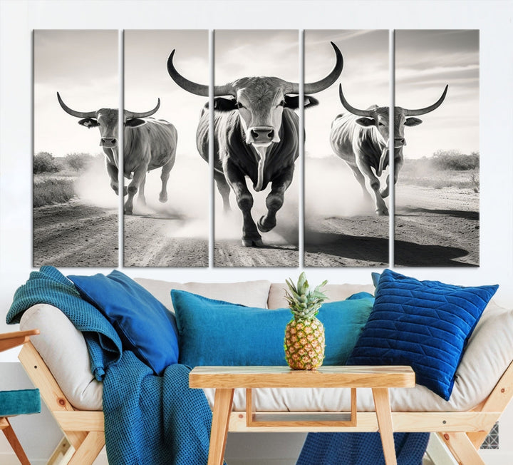 Texas Bighorn Cow Animal Wall Art Canvas Print, Longhorn Cow Large Wall Art