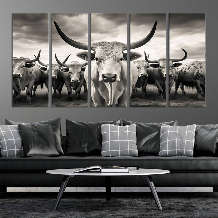 Texas Bighorn Cow Animal Wall Art Canvas Print, Longhorn Cow Large Wall Art