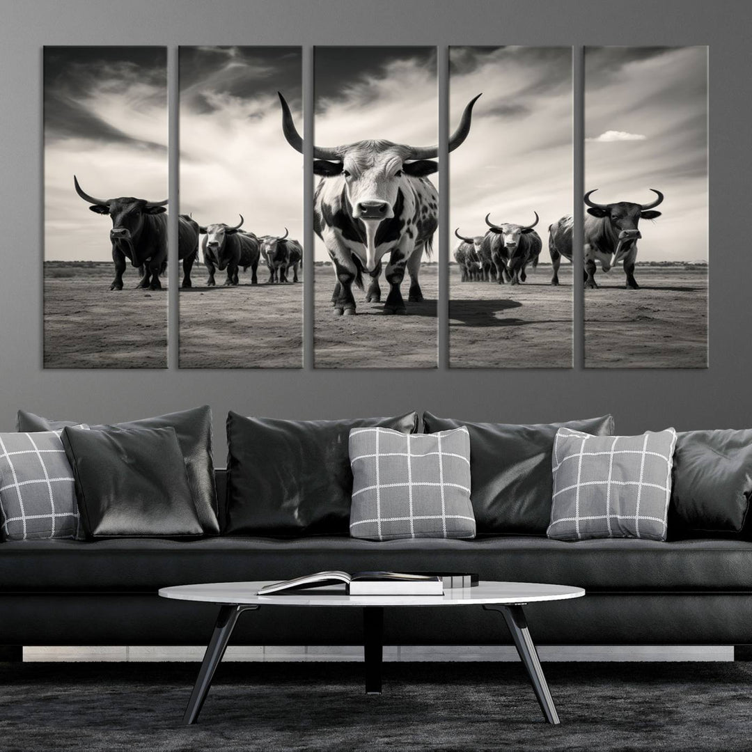 Texas Bighorn Cow Animal Wall Art Canvas Print, Longhorn Cow Large Wall Art