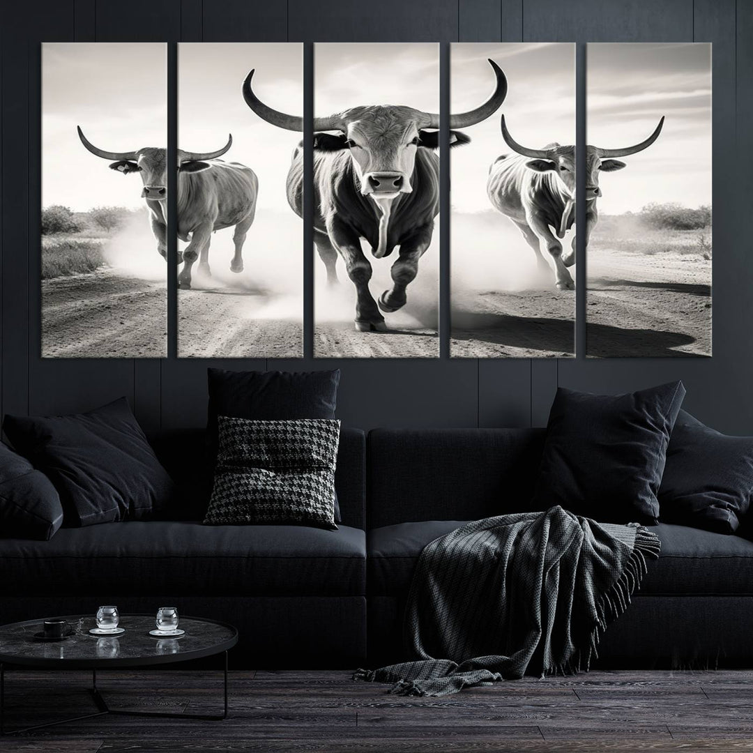 Texas Bighorn Cow Animal Wall Art Canvas Print, Longhorn Cow Large Wall Art