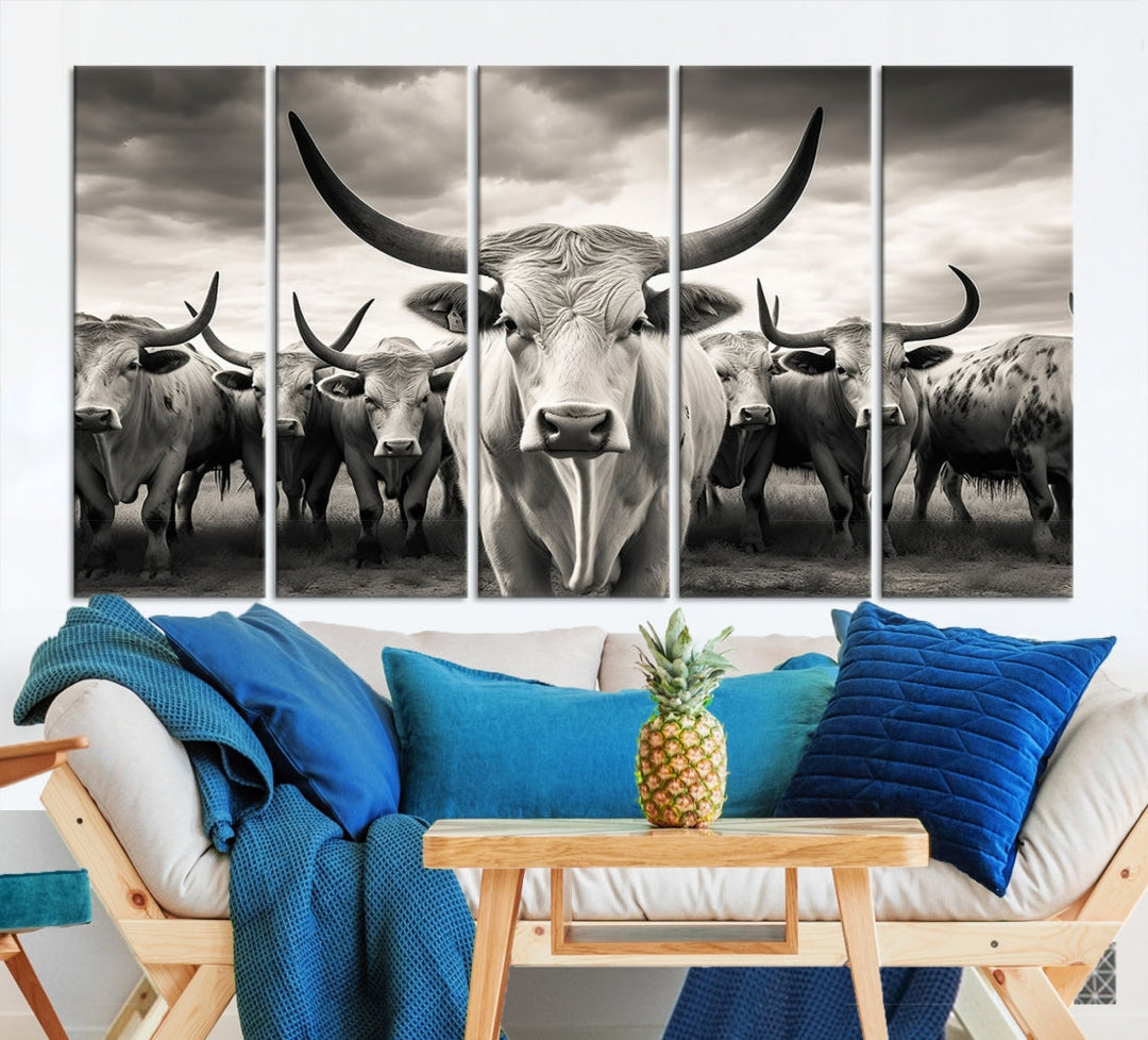 Texas Bighorn Cow Animal Wall Art Canvas Print, Longhorn Cow Large Wall Art