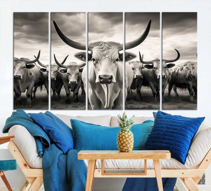 Texas Bighorn Cow Animal Wall Art Canvas Print, Longhorn Cow Large Wall Art