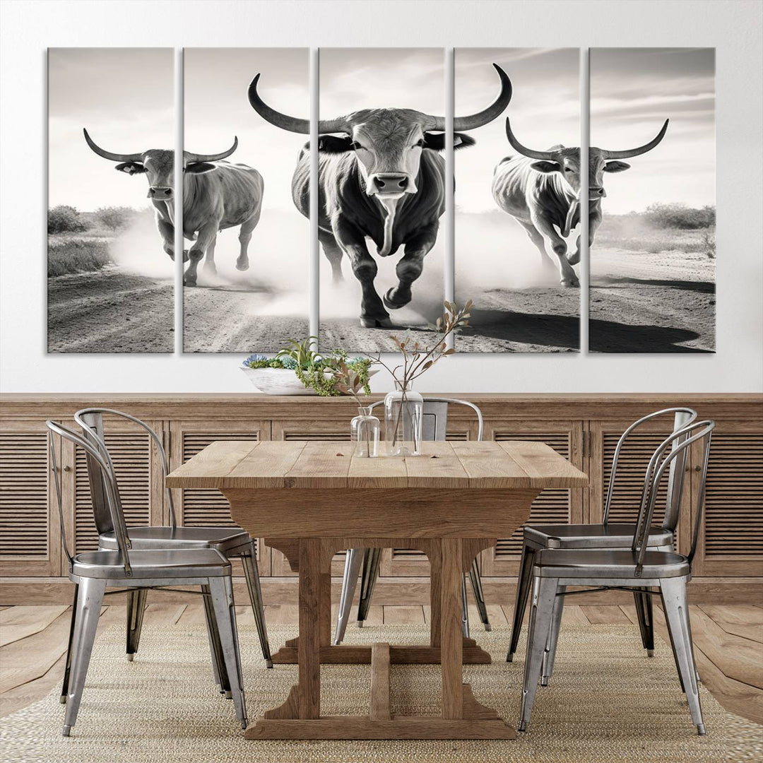 Texas Bighorn Cow Animal Wall Art Canvas Print, Longhorn Cow Large Wall Art