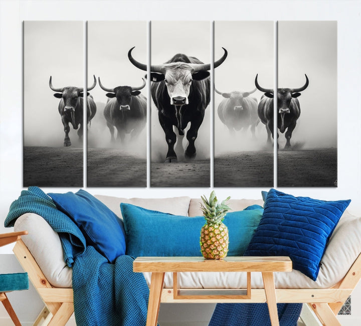 Texas Bighorn Cow Animal Wall Art Canvas Print, Longhorn Cow Large Wall Art