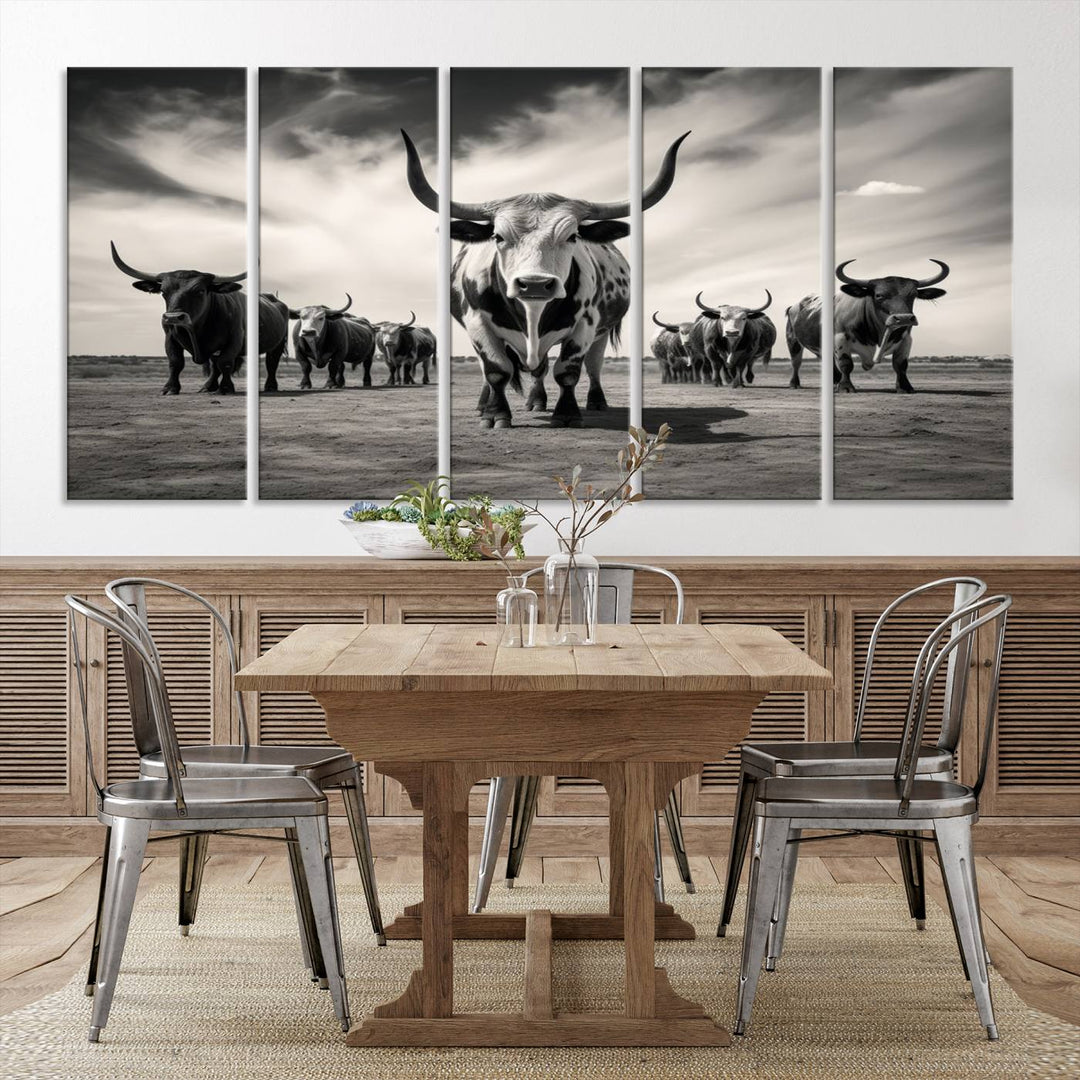 Texas Bighorn Cow Animal Wall Art Canvas Print, Longhorn Cow Large Wall Art