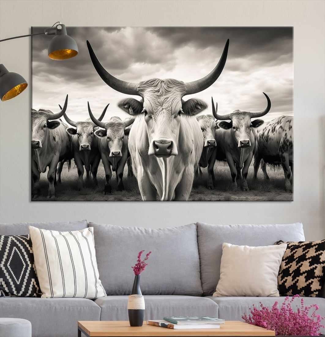 Texas Bighorn Cow Animal Wall Art Canvas Print, Longhorn Cow Large Wall Art