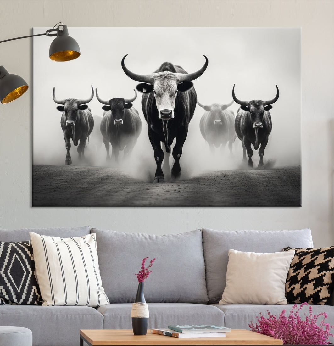 Texas Bighorn Cow Animal Wall Art Canvas Print, Longhorn Cow Large Wall Art