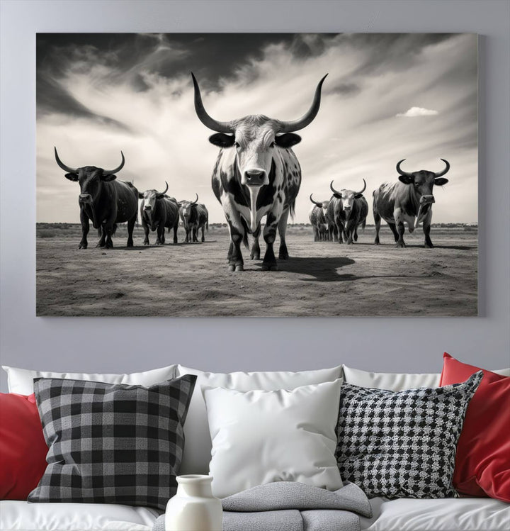 Texas Bighorn Cow Animal Wall Art Canvas Print, Longhorn Cow Large Wall Art