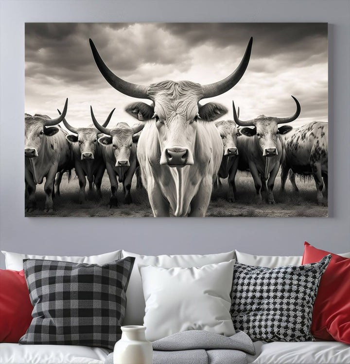 Texas Bighorn Cow Animal Wall Art Canvas Print, Longhorn Cow Large Wall Art