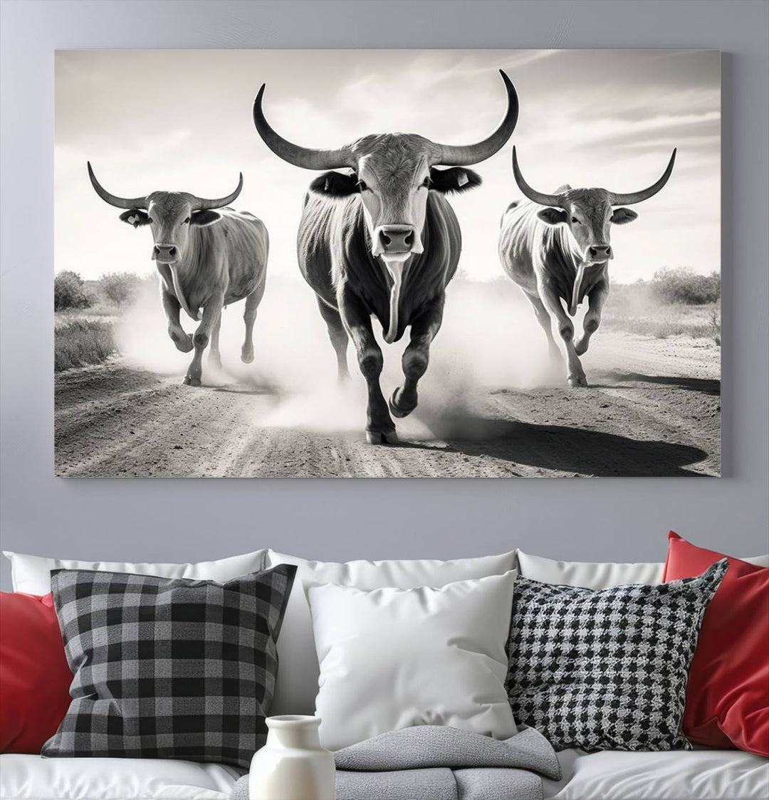 Texas Bighorn Cow Animal Wall Art Canvas Print, Longhorn Cow Large Wall Art