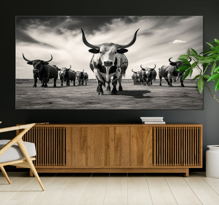 Texas Bighorn Cow Animal Wall Art Canvas Print, Longhorn Cow Large Wall Art