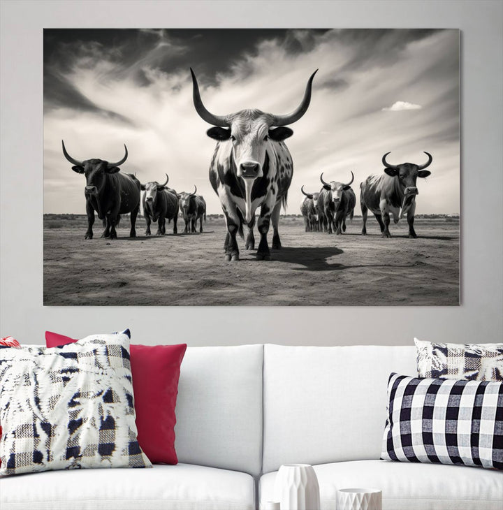 Texas Bighorn Cow Animal Wall Art Canvas Print, Longhorn Cow Large Wall Art