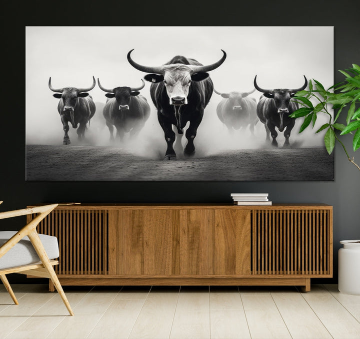 Texas Bighorn Cow Animal Wall Art Canvas Print, Longhorn Cow Large Wall Art