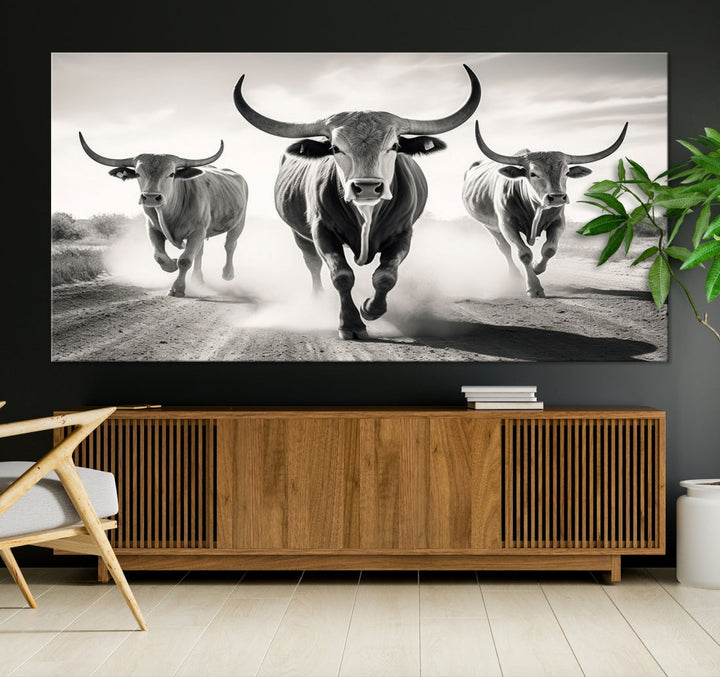 Texas Bighorn Cow Animal Wall Art Canvas Print, Longhorn Cow Large Wall Art