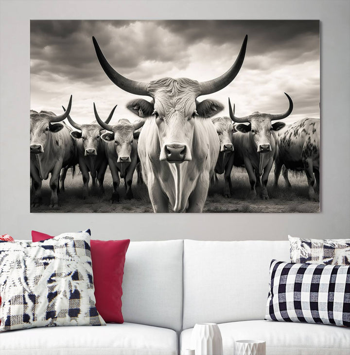 Texas Bighorn Cow Animal Wall Art Canvas Print, Longhorn Cow Large Wall Art