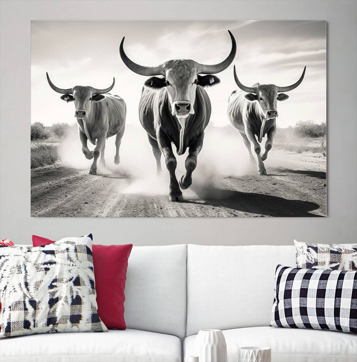 Texas Bighorn Cow Animal Wall Art Canvas Print, Longhorn Cow Large Wall Art