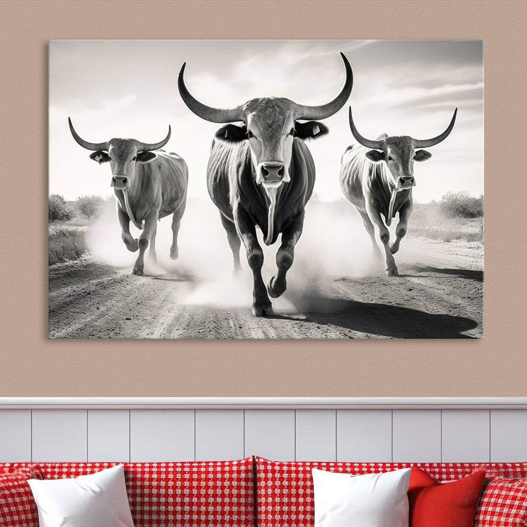 Texas Bighorn Cow Animal Wall Art Canvas Print, Longhorn Cow Large Wall Art