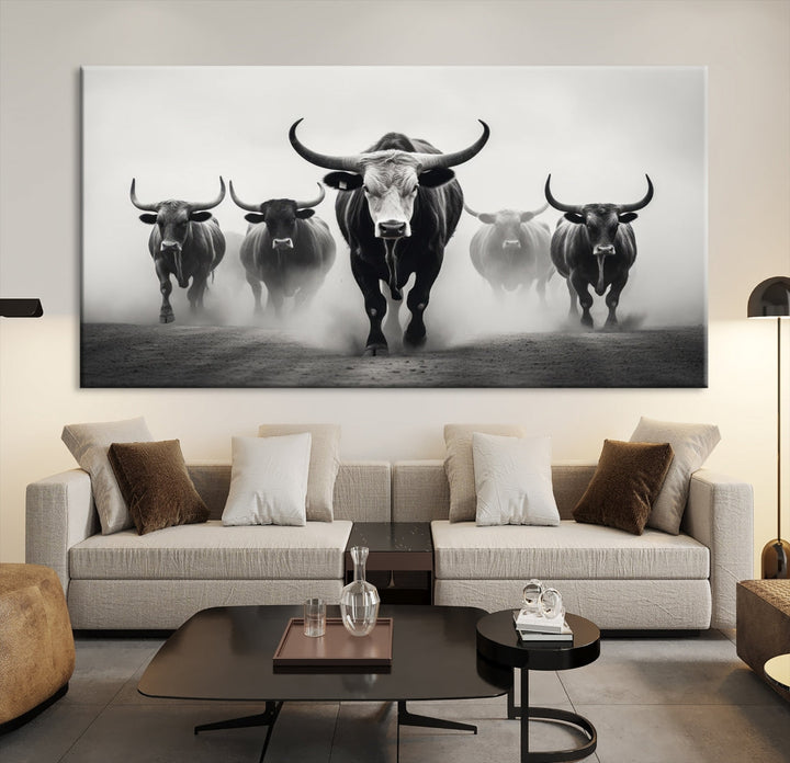 Texas Bighorn Cow Animal Wall Art Canvas Print, Longhorn Cow Large Wall Art