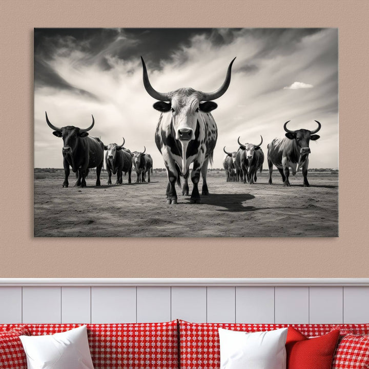 Texas Bighorn Cow Animal Wall Art Canvas Print, Longhorn Cow Large Wall Art