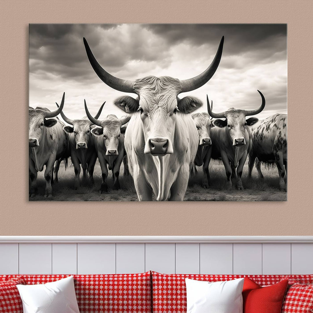 Texas Bighorn Cow Animal Wall Art Canvas Print, Longhorn Cow Large Wall Art