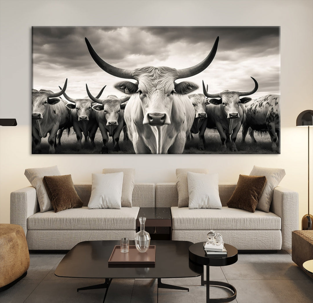 Texas Bighorn Cow Animal Wall Art Canvas Print, Longhorn Cow Large Wall Art