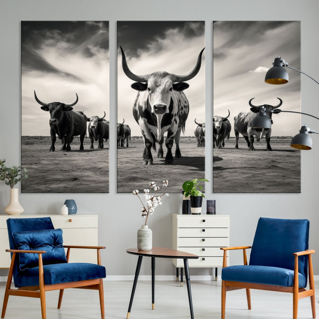 Texas Bighorn Cow Animal Wall Art Canvas Print, Longhorn Cow Large Wall Art