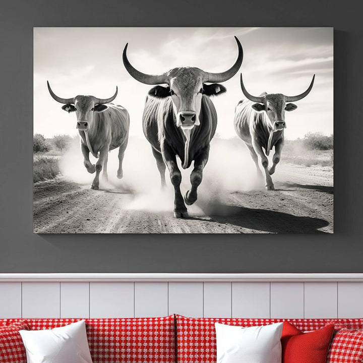 Texas Bighorn Cow Animal Wall Art Canvas Print, Longhorn Cow Large Wall Art