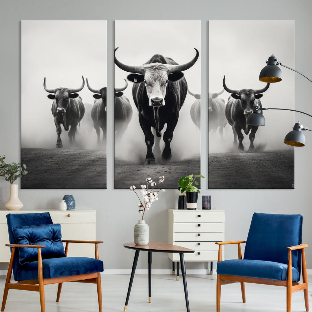 Texas Bighorn Cow Animal Wall Art Canvas Print, Longhorn Cow Large Wall Art