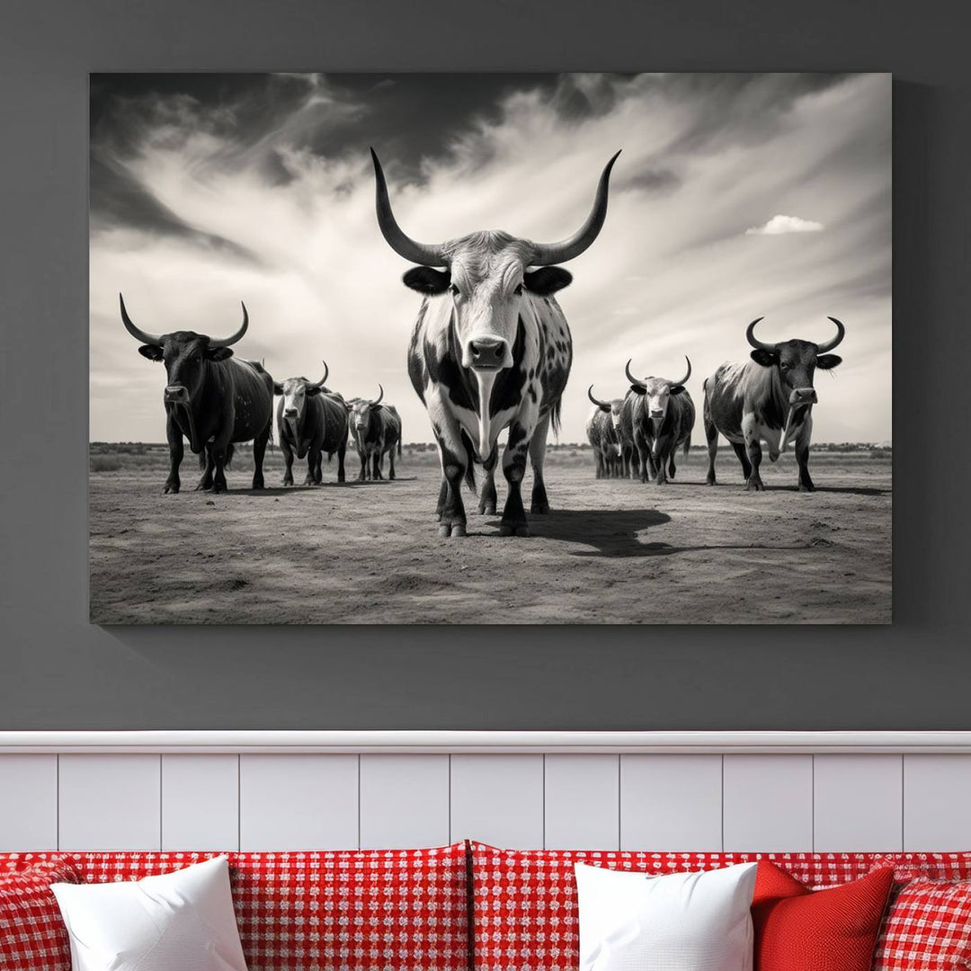 Texas Bighorn Cow Animal Wall Art Canvas Print, Longhorn Cow Large Wall Art