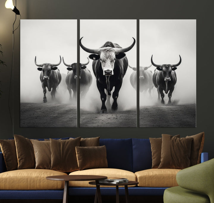 Texas Bighorn Cow Animal Wall Art Canvas Print, Longhorn Cow Large Wall Art