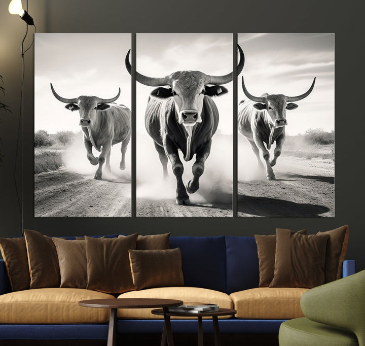 Texas Bighorn Cow Animal Wall Art Canvas Print, Longhorn Cow Large Wall Art