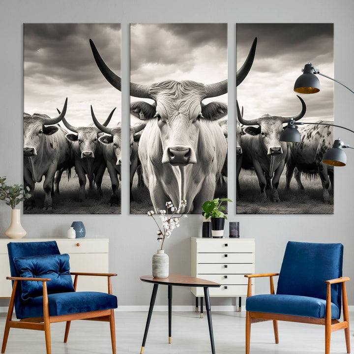 Texas Bighorn Cow Animal Wall Art Canvas Print, Longhorn Cow Large Wall Art