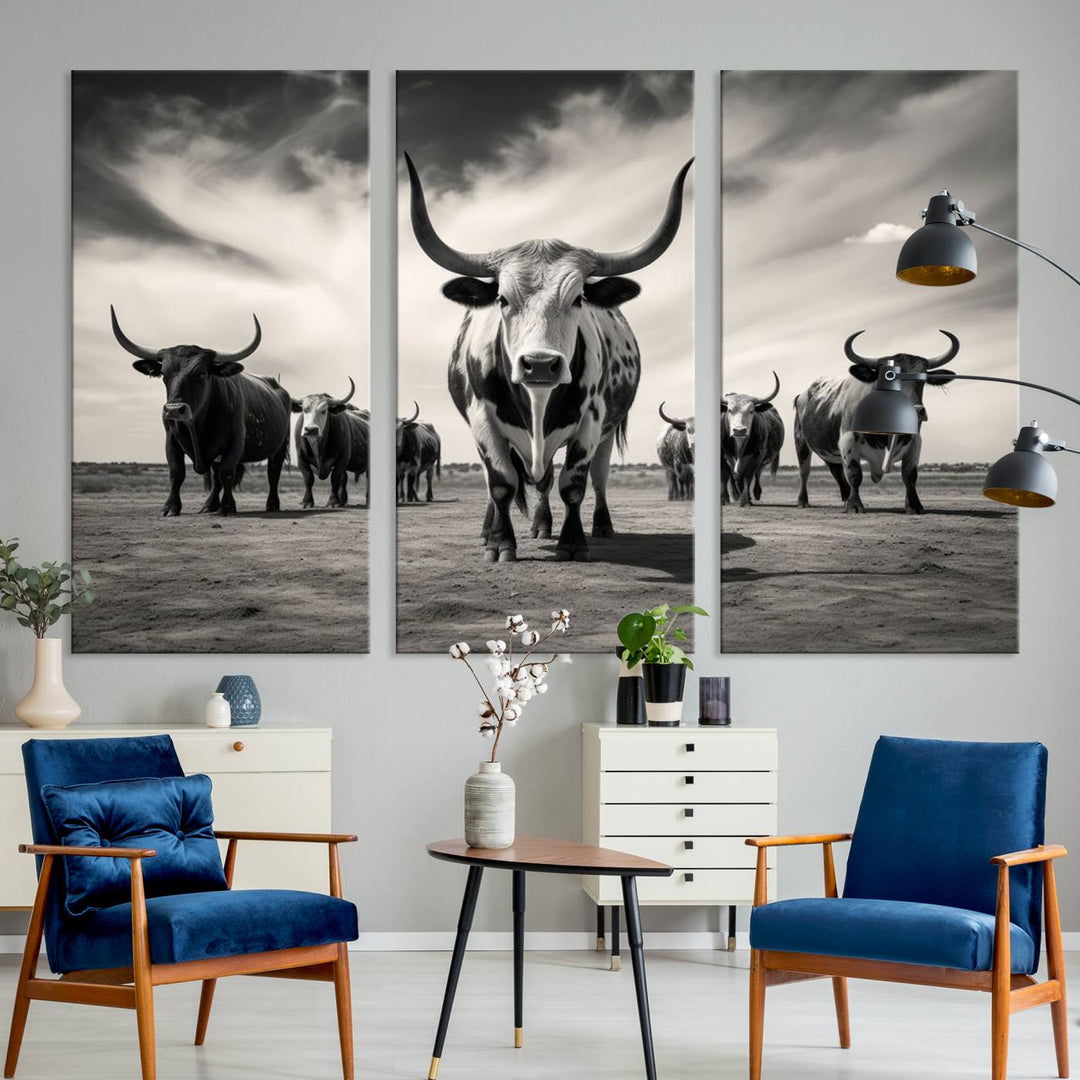 Texas Bighorn Cow Animal Wall Art Canvas Print, Longhorn Cow Large Wall Art