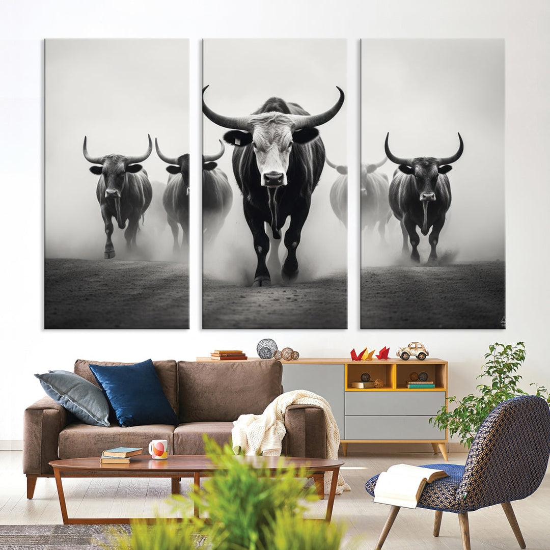 Texas Bighorn Cow Animal Wall Art Canvas Print, Longhorn Cow Large Wall Art