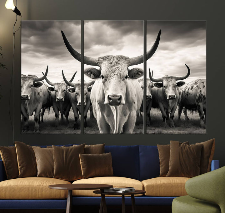 Texas Bighorn Cow Animal Wall Art Canvas Print, Longhorn Cow Large Wall Art