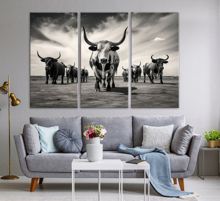 Texas Bighorn Cow Animal Wall Art Canvas Print, Longhorn Cow Large Wall Art