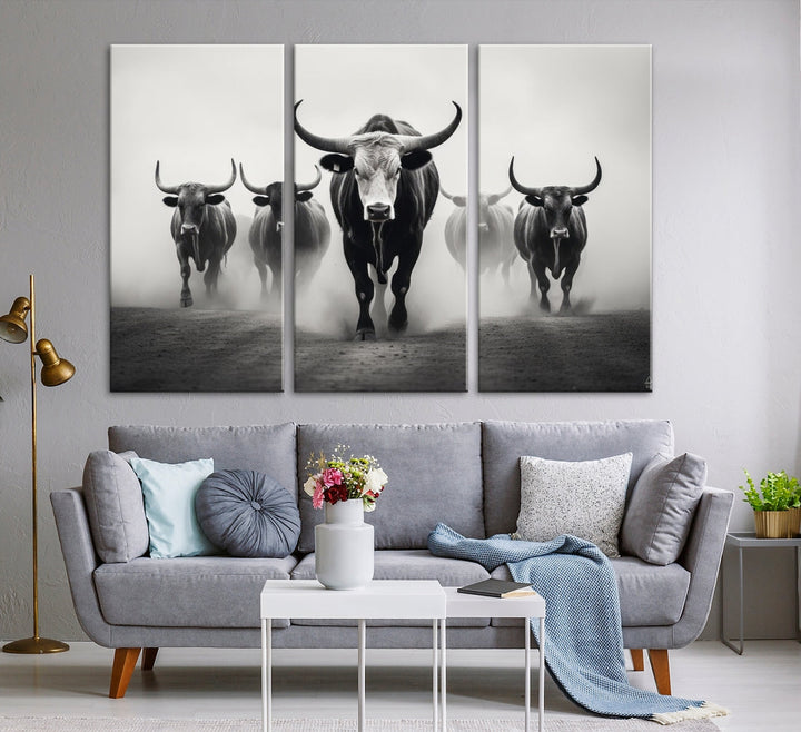 Texas Bighorn Cow Animal Wall Art Canvas Print, Longhorn Cow Large Wall Art