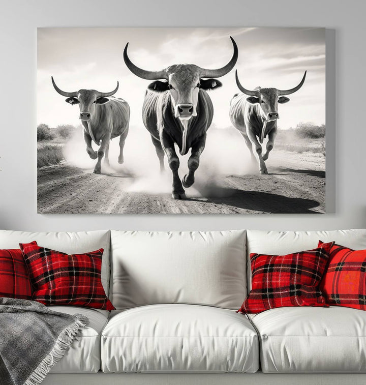 Texas Bighorn Cow Animal Wall Art Canvas Print, Longhorn Cow Large Wall Art