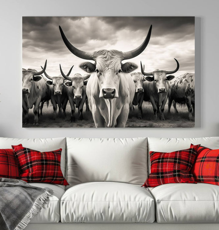 Texas Bighorn Cow Animal Wall Art Canvas Print, Longhorn Cow Large Wall Art