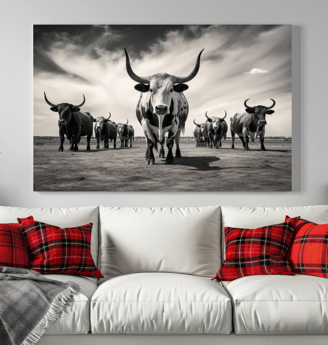 Texas Bighorn Cow Animal Wall Art Canvas Print, Longhorn Cow Large Wall Art